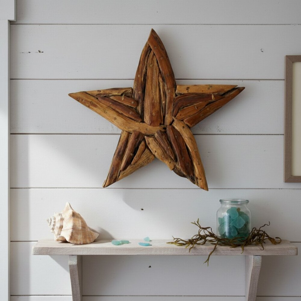 19" Driftwood Star Wall Decor | Handmade Wooden Peg Coastal Beach House Art Arti